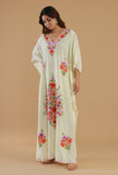 Aari Floral Embroidery Off-White Kashmiri Satin Kaftan- Free Size