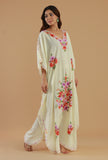 Aari Floral Embroidery Off-White Kashmiri Satin Kaftan- Free Size