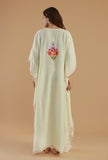 Aari Floral Embroidery Off-White Kashmiri Satin Kaftan- Free Size