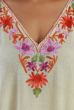 Aari Floral Embroidery Off-White Kashmiri Satin Kaftan- Free Size