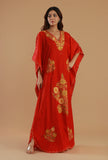 Aari Embroidered Red Satin Kashmiri Kaftan- Free Size