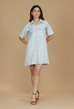 Grey Striped Woven Cotton Shirt Dress