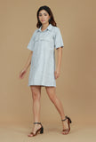 Grey Striped Woven Cotton Shirt Dress