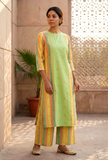 Set of 2 Lime Green & Yellow Striped Cotton Viscose Kurta with Matching Pants