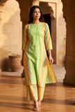 Lime Green & Yellow Striped Cotton Viscose Kurta