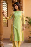 Lime Green & Yellow Striped Cotton Viscose Kurta