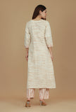 Set of 2 Beige Khadi Wrap Kurta with Striped Cotton Viscose Pants