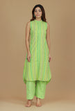 Set of 2 Lime Green Striped Sleeveless Kurta with Booti Embroidered Pants