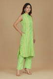 Set of 2 Lime Green Striped Sleeveless Kurta with Booti Embroidered Pants