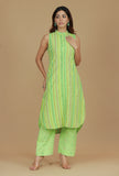 Lime Green Striped Sleeveless Cotton Viscose Kurta