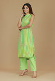 Lime Green Striped Sleeveless Cotton Viscose Kurta