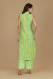 Lime Green Striped Sleeveless Cotton Viscose Kurta