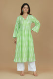 Set of 2 Light Green Ikat Flared Kurta with Solid White Pants