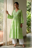 Set of 2 Light Green Ikat Flared Kurta with Solid White Pants