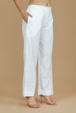 Solid White Cotton Straight Pants
