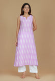 Set of 2 Lavender Ikat Sleeveless Kurta with Solid White Pants