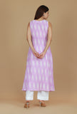 Set of 2 Lavender Ikat Sleeveless Kurta with Solid White Pants