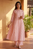Set of 2 Pink & White Striped Cotton Viscose Kurta with Matching Pants