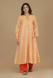 Set of 2 Orange Ikat Cotton Kurta with Matching Orange Pants