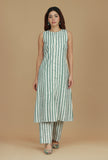 Green & White Striped Cotton Kurta