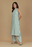 Green & White Striped Cotton Kurta
