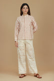 Set of 2 Beige Striped Cotton Shirt & Khadi-Inspired Wide-Leg Pants