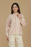 Beige Striped Cotton Shirt with Mandarin Collar