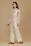Beige Striped Cotton Shirt with Mandarin Collar