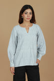 Black Striped Cotton Top with Notched Neck