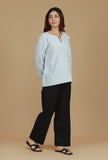 Black Striped Cotton Top with Notched Neck