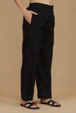 Solid Black Cotton Straight Pants