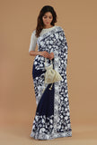 Embroidered Navy Blue Georgette Saree with Unstitched Blouse
