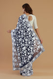 Embroidered Navy Blue Georgette Saree with Unstitched Blouse