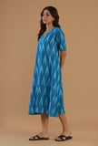 Blue Ikat Cotton A-Line Dress