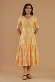 Mustard Ikat Cotton V-Neck Tiered Midi Dress
