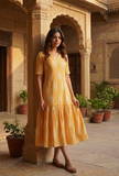 Mustard Ikat Cotton V-Neck Tiered Midi Dress