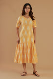Mustard Ikat Cotton V-Neck Tiered Midi Dress