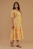 Mustard Ikat Cotton V-Neck Tiered Midi Dress