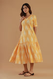 Mustard Ikat Cotton V-Neck Tiered Midi Dress