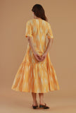 Mustard Ikat Cotton V-Neck Tiered Midi Dress