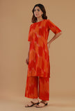 Set of 2: Orange Ikat Cotton Straight Kurta with Wide-Leg Pant