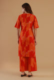 Set of 2: Orange Ikat Cotton Straight Kurta with Wide-Leg Pant