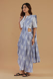 Set of 3: Blue Ikat Cotton Saree Set with Matching Blouse & Flared Pant