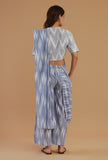 Set of 3: Blue Ikat Cotton Saree Set with Matching Blouse & Flared Pant
