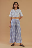 Set of 3: Blue Ikat Cotton Saree Set with Matching Blouse & Flared Pant