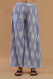 Set of 3: Blue Ikat Cotton Saree Set with Matching Blouse & Flared Pant