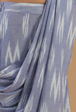 Set of 3: Blue Ikat Cotton Saree Set with Matching Blouse & Flared Pant
