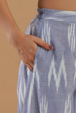 Set of 3: Blue Ikat Cotton Saree Set with Matching Blouse & Flared Pant