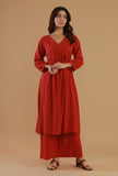 Rust cotton V-wrap neckline kurta with gathered waist and long sleeves for women by Tjori