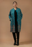 Teal Kashmiri Aari Embroidered Woollen Long Jacket